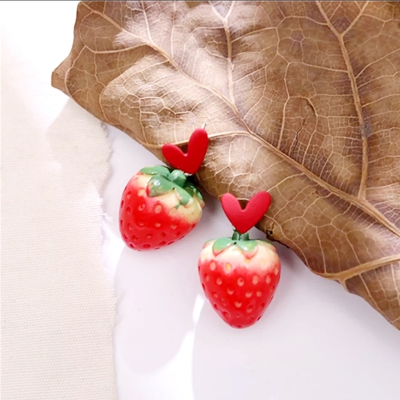 Realistic strawberry heart earrings with silver post for sensitive ears BOGO - Picture 3 of 13